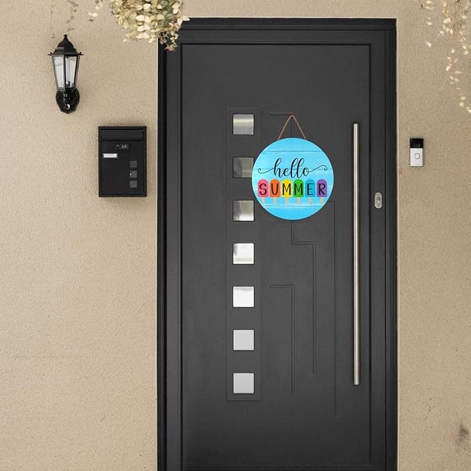 Hello Summer Wooden Door Sign, 12 Inch, Blue, Rustic, Nature Theme, Hanging Ornament, Door Mount, 1 Count