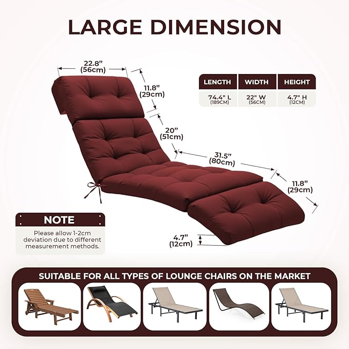 Outdoor Chaise Lounge Chair Cushion 74.4 x 22 x 4.7 Inches Non-Slip Lounge Chair Cushions for Outdoor Furniture with Ties, Patio Recliner Thickened Lounge Cushions for Indoor, Red
