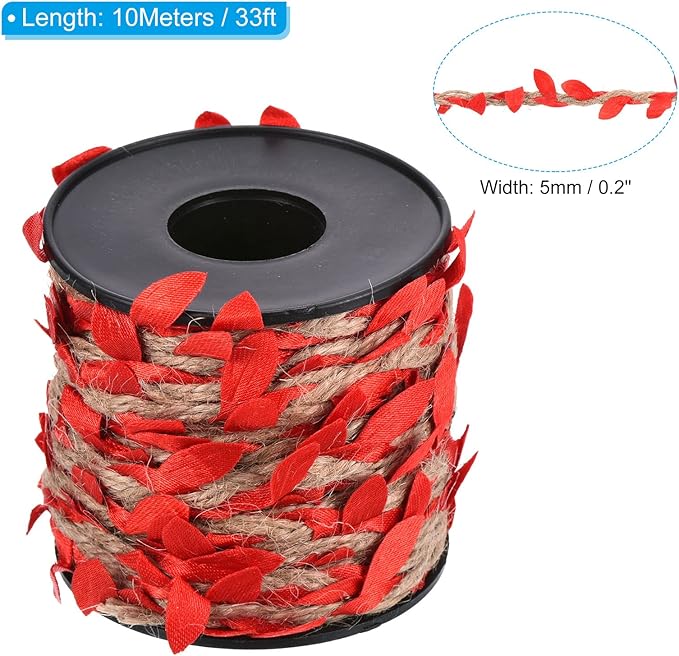 PATIKIL 33ft 5mm Burlap Leaf Ribbon, Braided Decoration Vine Natural Jute Rope Twine with Artificial Leaves for Jungle Wedding Party Home Garden Decor, Red