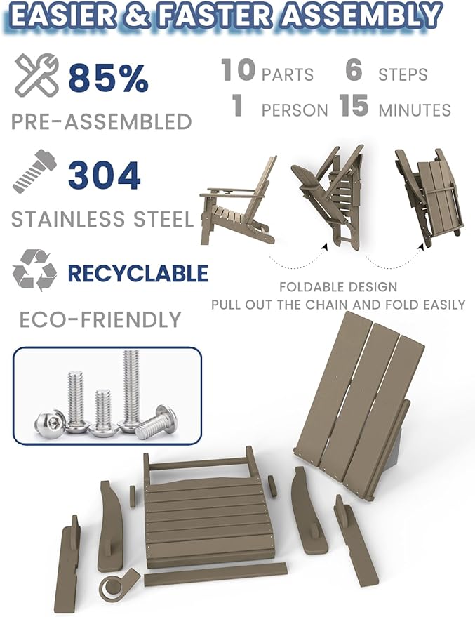 Adirondack Chair with Cup Holder, Folding Outdoor Lawn Chair, HDPE Plastic Fire Pit Chair, Weather Resistant Patio Chairs for Deck, Porch, Backyard, Garden, Weathered Wood