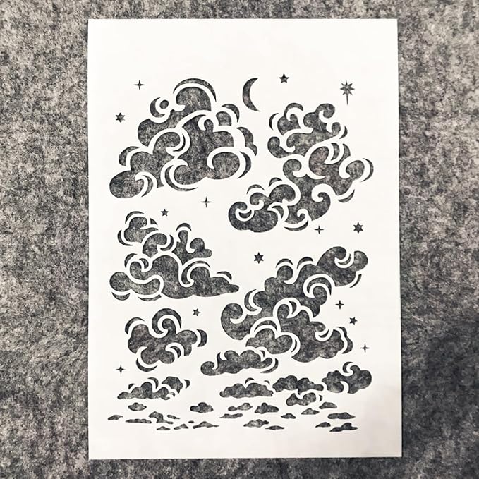 TIAMECH A4 Reusable Cloud Stencil for Painting - Star Moon on Sky Layering Template, DIY Wall Art, Wood Furniture, Scrapbook & Crafts (8.3x11.7inch)