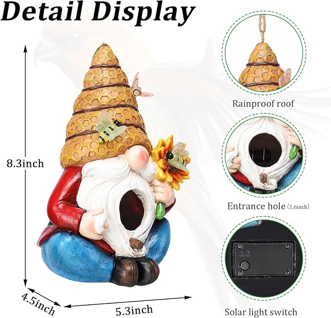 Bird House for Outside, Birdhouses for Outdoors, Decorative Bird Houses, Hanging Funny Bee Solar Gnome Birdhouse for Outside Cardinal Bluebird Wild Birds