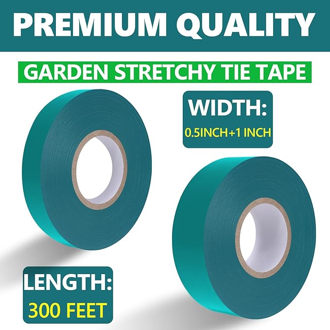 Easytle Stretch Tie Tape Roll, Total 2 Rolls 0.5“ x 150 Ft & 1" x 150ft Green Plant Garden Tie Tape Reusable Thick Sturdy Plant Ties Ribbon Garden Vinyl Stake for Indoor Outdoor Patio Plant Use