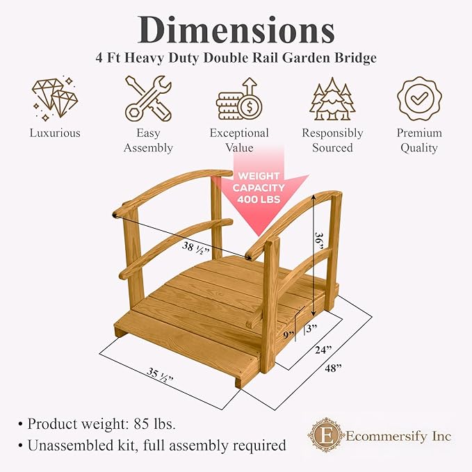 4 FT Natural Amish Made Garden Bridge with Double Rails for Walkway, Backyard Pond & Landscaping, Outdoor Wooden Footbridge for Koi Pond, Japanese Style Decorative Bridge, Made in USA