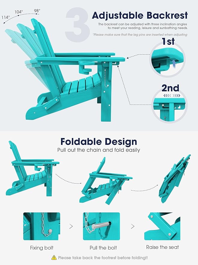 KINGYES Folding Adjustable Adirondack Chair with Ottoman & 2 Cup Holders, HDPE Adirondack Recliner Chair with Footrest, Aruba