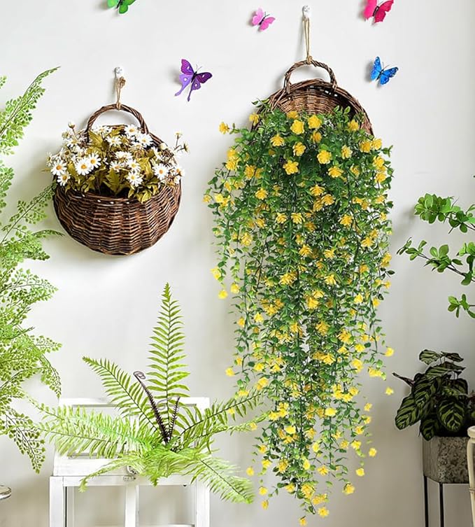 WEISPARK Artificial Hanging Flowers, 4pcs Fake Eucalyptus Vine Faux Flower Greenery Garland Plastic Plants for Indoor Outdoor Wall Garden Wedding Home Party Decor (Yellow)