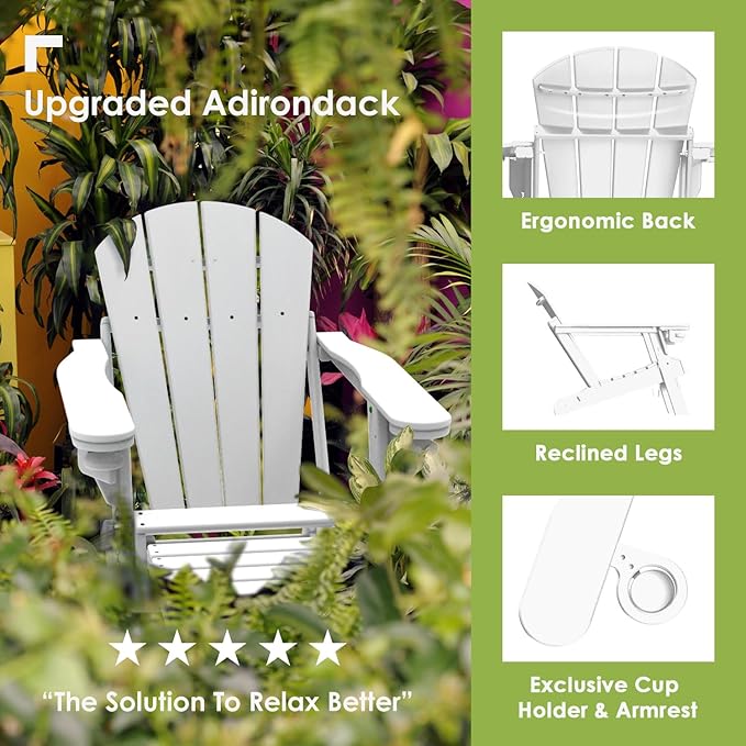 GREENVINES Adirondack-Chairs-with-Ottoman | Set of 2 | Folding | Retractable-Footrest | HDPE Plastic | All Weather Fire Pit Chair | Cup Holders | White | for Outdoor Poolside