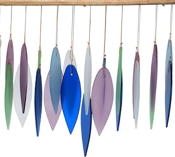 Blue Handworks Mountain Ridge Glass Chime, Sandblasted Glass and Found Wood Handcrafted Wind Chime