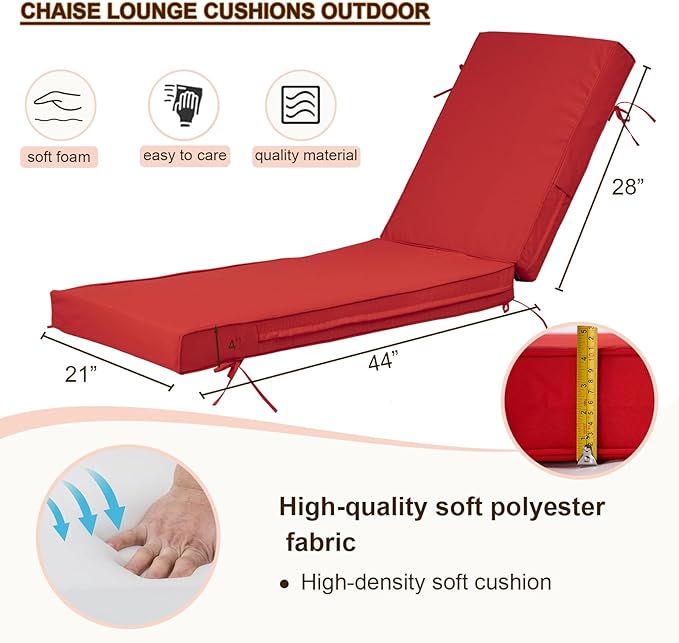 Chaise Lounge Cushions Outdoor Set of 2, Waterproof & Fade Resistant Patio Lounger Cushions, Replacement Sun Lounger Pads with Removable Cover for Pool, Deck, Lawn Furniture