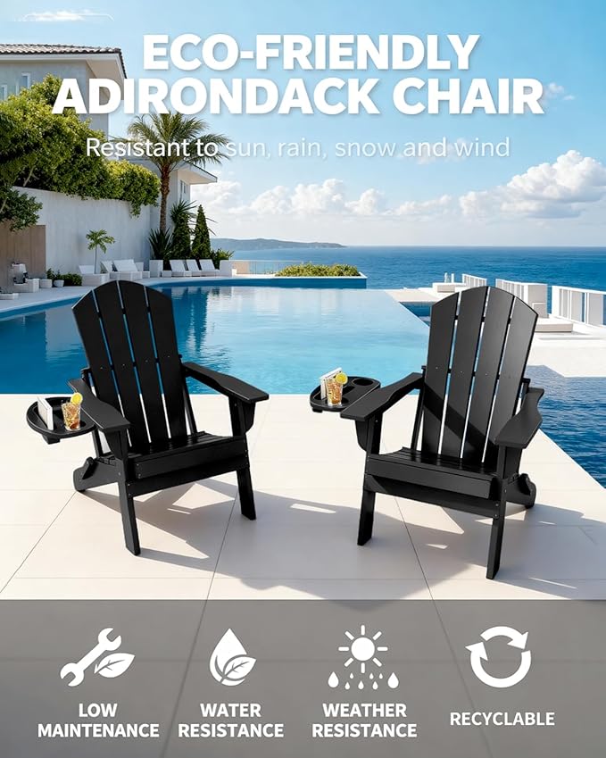 Adirondack Chair Set of 4, HDPE Folding Adirondack Chair with Multifunctional Cup Holder, Weather Resistant Fire Pit Chair for porches, patios, poolsides, Decks.