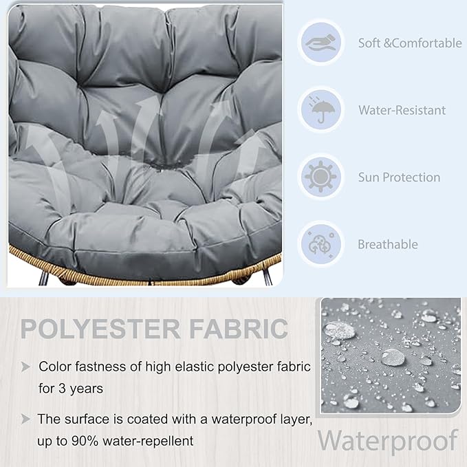 Outdoor Rocking Chair Cushion – Waterproof Wicker Egg Chair Replacement Pad, Thick Papasan Seat Cushion with Ties for Indoor & Outdoor Patio, Porch, Balcony, or Garden (Light Gray)