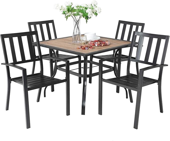 PHI VILLA Patio Dining Set Metal Outdoor Table and Chairs Furniture Set 5 Piece, 37" Square Bistro Table with Umbrella Hole and 4 Backyard Garden Chairs Support 300LBS for Deck, Lawn, Garden