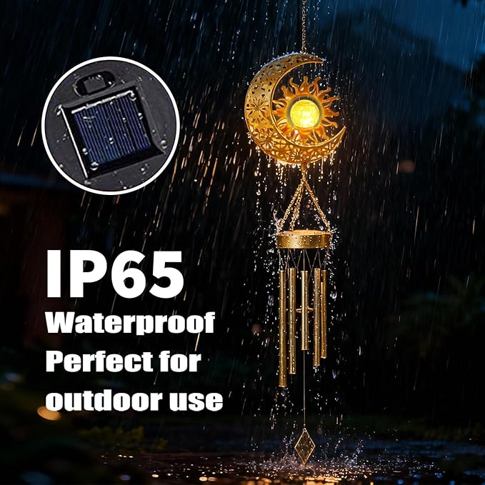YAKii Sun Moon Solar Wind Chimes for Outside Lights Prefert Gifts for Mom Wife Unique Crackle Glass LED Warm Light Outdoor Hanging Decor Windchimes for Garden Yard Patio Christmas Birthday Mothers Day