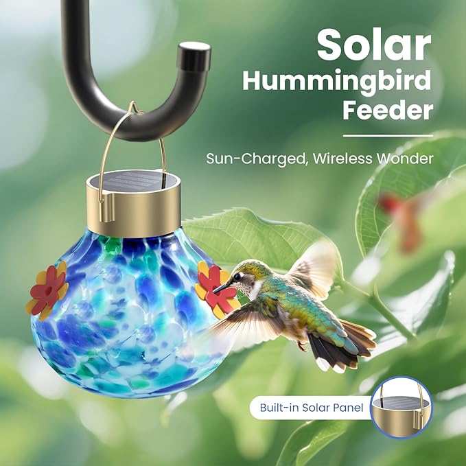 Hummingbird Feeder with Solar Light, Glass Hummingbird Feeder for Outdoors, Auto-Lighting Solar Light for Garden Decor, 3 Ports Attract More Birds, Waterproof Lamp, Ideal Gift, Blue