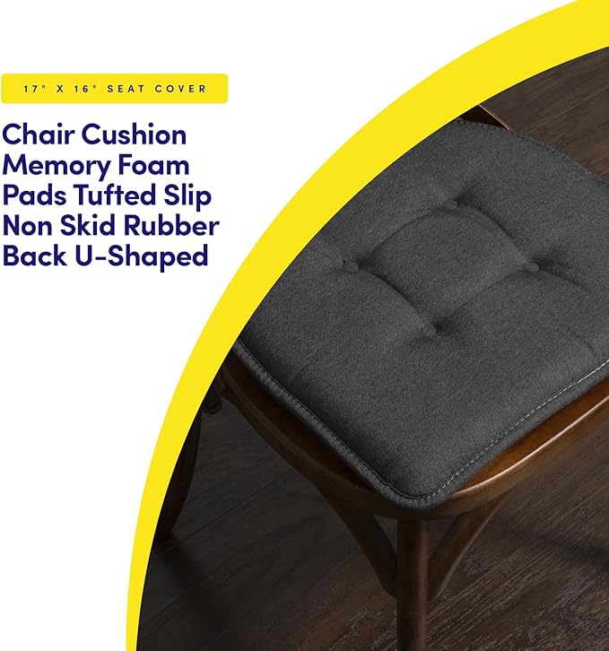 Sweet Home Collection Chair Cushion Memory Foam Pads Tufted Slip Non Skid Rubber Back U-Shaped 17" x 16" Seat Cover, 12 Count (Pack of 1), Charcoal Gray
