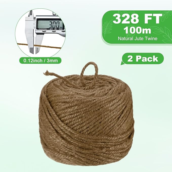 2-Pack Natural Jute Twine String, 3mm x 328ft/100m Long Garden Twine Balls for Crafts/Gift Wrapping/Gardening Plants, Durable Plant Ties Thick Rope [Dark Brown]