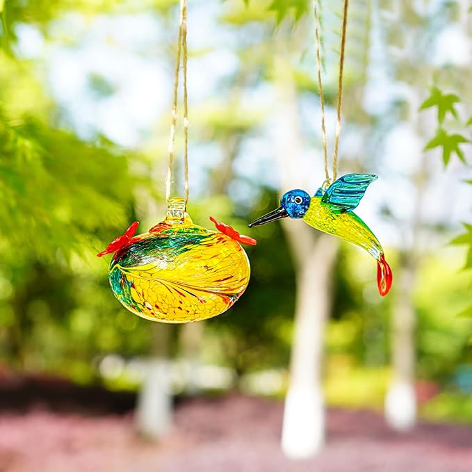 3inch Hand Blown Glass Hummingbird Feeders for Outdoors with 2 Feeding Ports Leak Proof Small Glass Humming Bird Feeder for Window Garden Patio Decoration