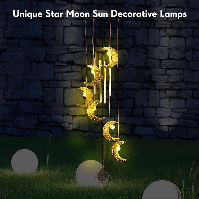 Solar Wind Chimes for Outside Waterproof Hanging Wind Chimes Lights Outdoor Decor Yard Garden Gifts for Mother Mom Grandma Wife Neighbors(Moon,Warm Colored Lights)
