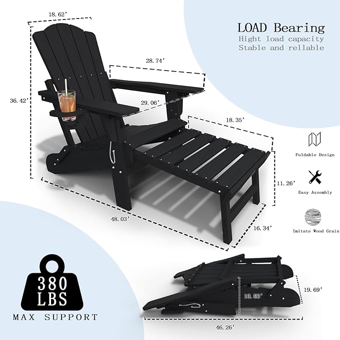 Folding Adjustable Adirondack Chairs with Ottoman & 1 Cup Holders Set of 2, HDEP Multifunctional Adirondack Chair with Footrest,Black