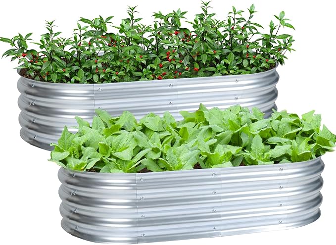 Aoodor 2PCS Galvanized Raised Garden Bed Kit, 4 x 2 x 1 Ft, Oval Planter Boxes for Vegetables, Flowers, and Herbs, Outdoor Use, Silver