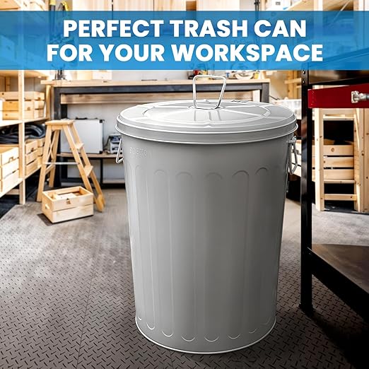 Plexon Large Metal Trash Can with Lid 20 Gallon, Decorative Outdoor Trash Can Heavy Duty Galvanized Metal Bucket with Lid for Garage Workshop Ash Storage Farmhouse, Gray 2 Pack