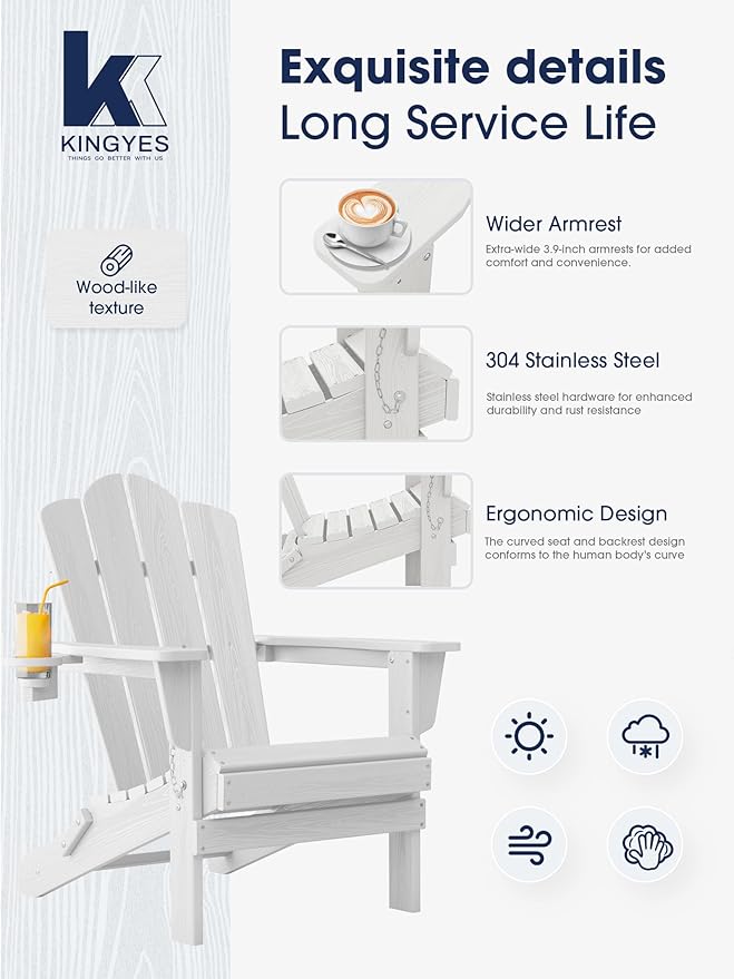 KINGYES Folding Adirondack Chair Set of 2, HDPE All-Weather Patio Chairs with Cup Holder, Wooden Textured Fire Pit Chairs for Poolside, Backyard, Deck, White