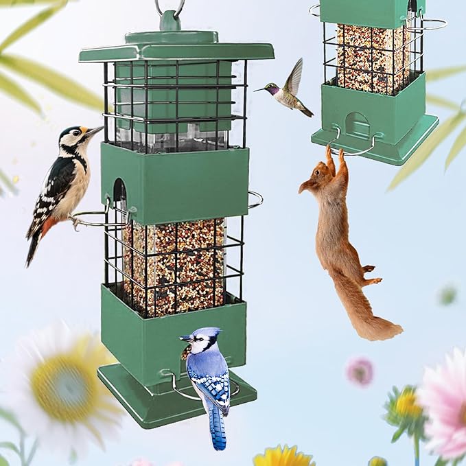 Bird Feeder Squirrel Proof for Outdoors Hanging, 3Lbs Metal Heavy Duty Birds Feeder with 4 Feeding Ports, Birdseed Feeder for Cardinal, Finch, Sparrow, Wild Birds (Green)