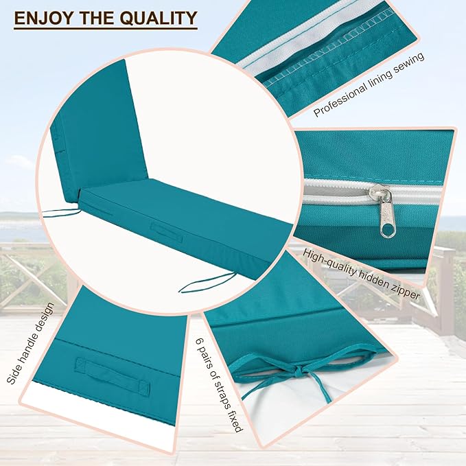 Chaise Lounge Cushions Outdoor Set of 2, Waterproof & Fade Resistant Patio Lounger Cushions, Replacement Sun Lounger Pads with Removable Cover for Pool, Deck, Lawn Furniture