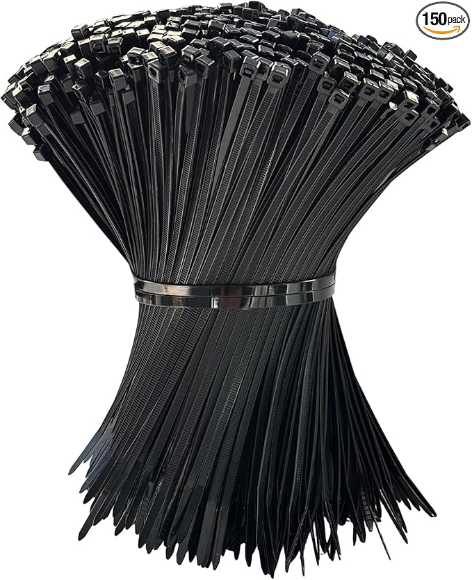 150 Pack Zip Ties 8 Inch Black, 40Lbs Tensile Strength, Premium Nylon Cable Ties, Plastic Zip Ties, For Garage Cable Management, Home, Garden Trellis Ties, Indoor And Outdoor Use
