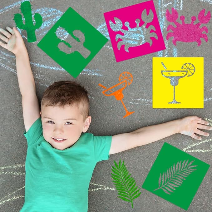 24 Pieces Summer Stencils for Kids 8 Inches Drawing Chalk Stencils Large Washable Aloha Themed Primary Shape Template for Kids Toddlers Preschooler