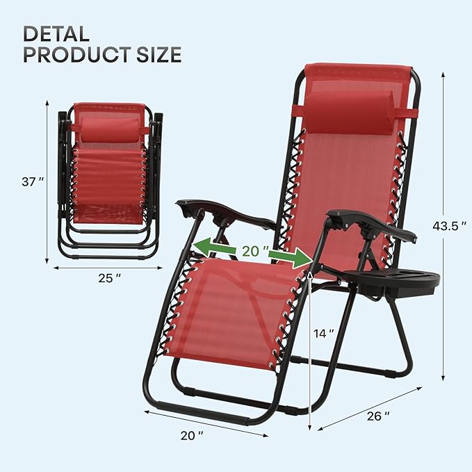 Athena Collection Zero Gravity Chair, Outdoor Lounge Chair with Adjustable Pillow and Cup Holder, Reclining Camping Chair for Outside Beach Lawn Garden Patio Poolside -Maroon