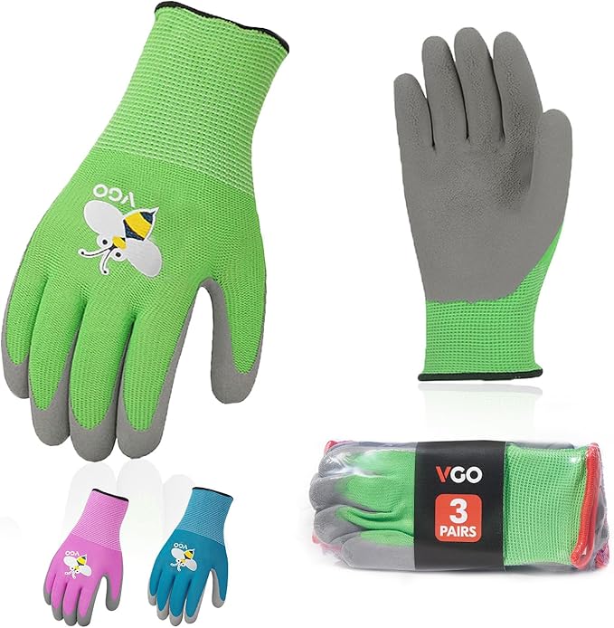 Vgo... 3-Pairs Age 5-7 Kids Gardening Gloves, Children Yard Work Gloves, Soft Safety Rubber Gloves (XXS, KID-RB6013)