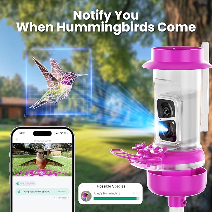 Soliom Hummingbird Feeder with Camera, Smart Bird Feeder Camera with 2K Live View AI Identify Species, Leak Proof & Ant Moat & Bee Proof, Outdoor Pole/Hook Hanging, 16 OZ Ideal Gifts for Family-Pink