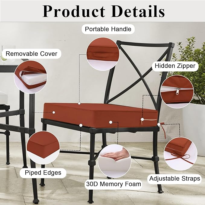 Outdoor Chair Cushions Set of 2 for Patio Furniture 19x19x4 Inch Waterproof Patio Chair Cushion 3 Year Color Fastness Square Elastic Foam Garden Sofa Couch Pads with Ties and Handle,Spice