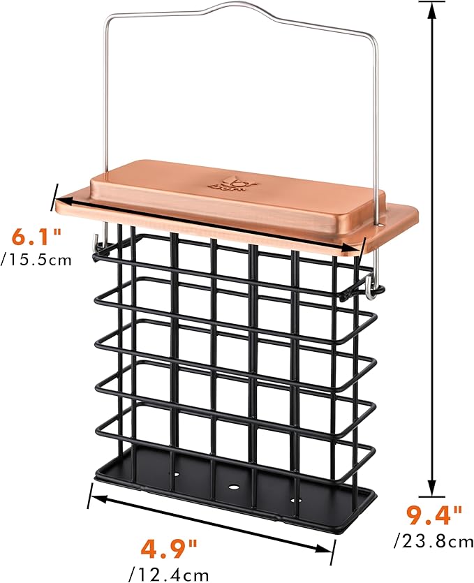 iBorn Suet Feeder Suet Bird Feeders [Single Capacity] for Outside Hanging with Taller Grid for Woodpecker,Metal Brushed Copper（Pack of 2）
