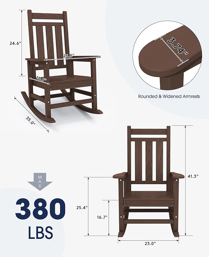 KINGYES Outdoor Rocking Chair, All-Weather Patio Rocking Chairs for Porch, HDPE Rocking Outdoor Chairs with High Back for Adult, Heavy Duty Outdoor Patio Rockers for Garden, Lawn, Coffee