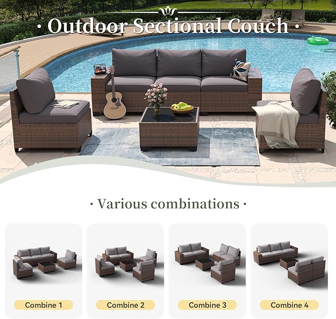 Aoxun 6 Piece Patio Furniture Set with Wide Armrests Wicker Rattan Outdoor Sectional Sofa Set with Coffee Table and Thickened Cushions, Brown/Grey(Waterproof Cover Included)