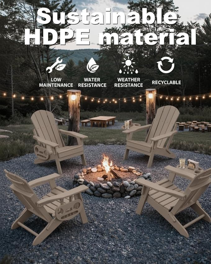 Adjustable Adirondack Chair Set of 4 with Cup Holder, All Weather HDPE Fire Pit Chairs for Deck, Backyard, Patio, Brown