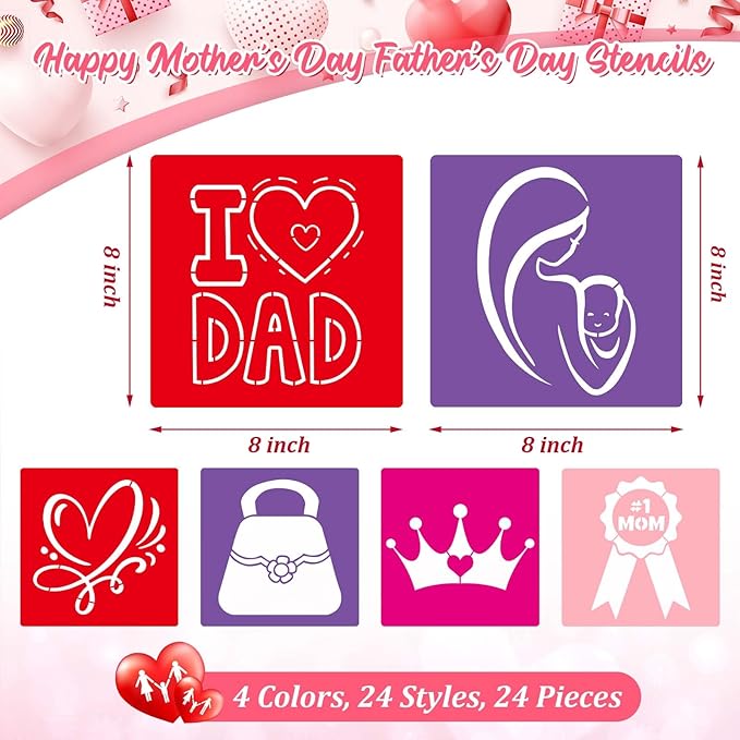 Henoyso 24 Pcs Fathers' Day Dad Stencil Set 8 x 8 Inch Mother's Stencil Plastic Drawing Painting Templates Assorted Stencils Reusable for Adults Painting on Wood Paper Scrapbook DIY Art Crafts