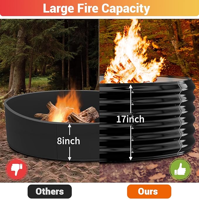 39 Inch Fire Pit Ring for Outside, 17'' Tall Firepit &Outdoor Fireplace Wood Burning,Heavy Duty Galvanized Steel Fire Bowls Portable for Backyard Bonfire,Patio,Camping,Round