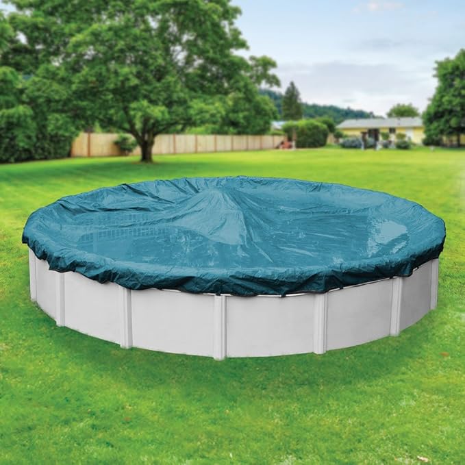 Robelle 24 ft Extra Heavy Duty Blue Winter Pool Cover for Above Ground Pools, 4 ft Overlap (28 ft Cover Size), Solid 10 x 10 Scrim, 2.91 oz/yd2, 12-Year Warranty, Style: 5824-4ROB