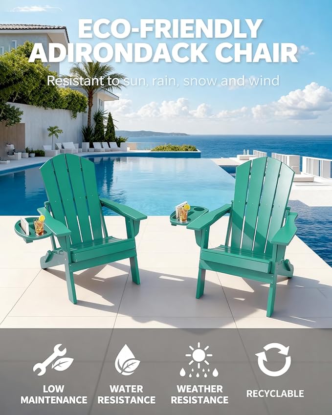 Adirondack Chair Set of 4, HDPE Folding Adirondack Chair with Multifunctional Cup Holder, Weather Resistant Fire Pit Chair for porches, patios, poolsides, Decks.
