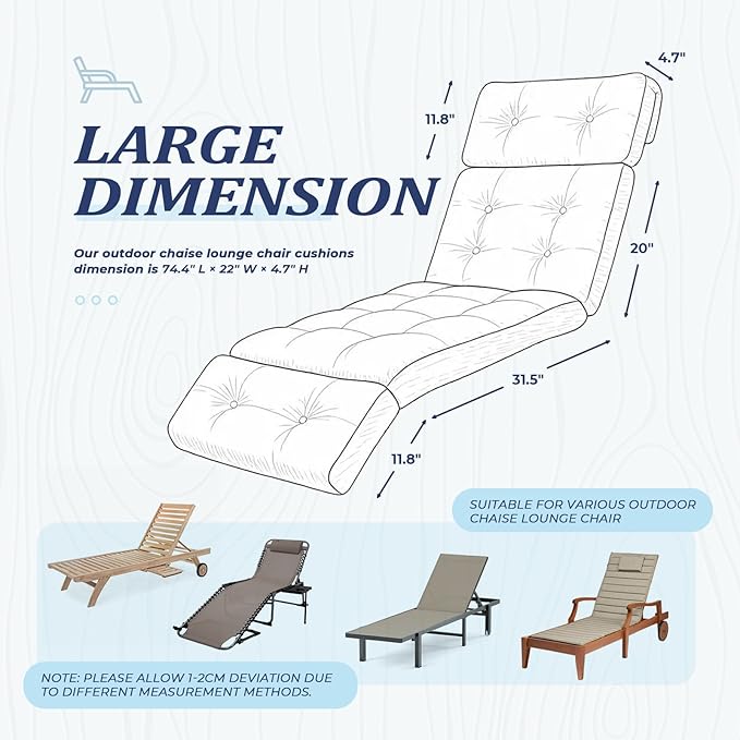 Waterproof Long Lounger Chair Cushion Outdoor Chaise Lounge Chair Cushions with Ties, Patio Recliner Thickened Lounge Chair Cushions for Indoor 74.4 x 22 x 4.7 Inches, Cushion Only (Blue)