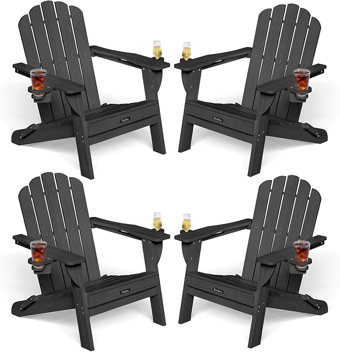 Adirondack Chairs Set of 4, HDPE Material Fire Pit Chairs, Plastic Adirondack Chairs with 2 Cup Holder, Outdoor Lawn Chair for Patio Garden, Black