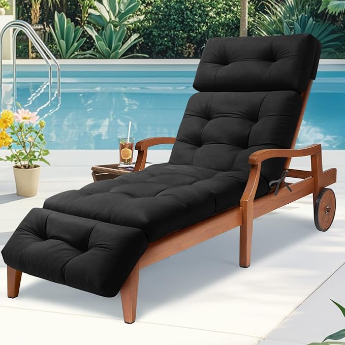Waterproof Long Lounger Chair Cushion Outdoor Chaise Lounge Chair Cushions with Ties, Patio Recliner Thickened Lounge Chair Cushions for Indoor 74.4 x 22 x 4.7 Inches, Cushion Only(Black)