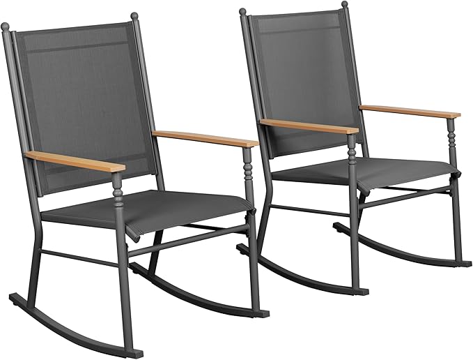 JY QAQA Outdoor Rocking Chair Set of 2, High Back All-Weather Patio Rocking Chairs with Breathable Back Rest for Adult, Ergonomic Design Porch Rocking Chairs for Porch, Garden, Balcony, Pool, Black