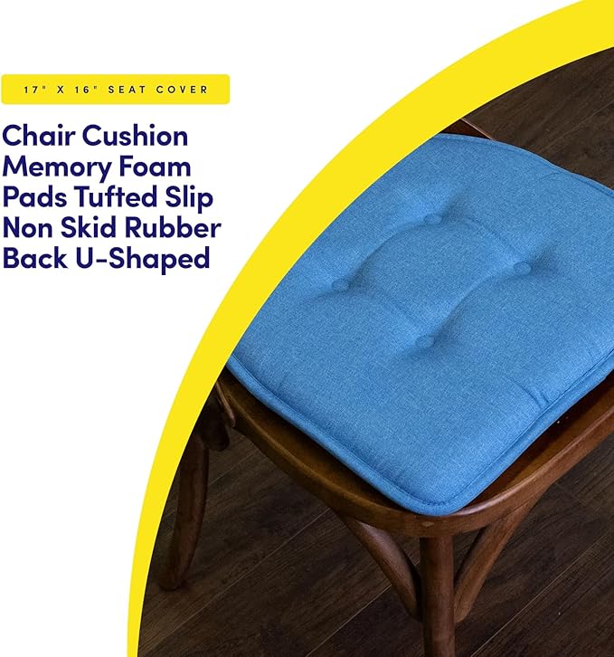 Sweet Home Collection Chair Cushion Memory Foam Pads Tufted Slip Non Skid Rubber Back U-Shaped 17" x 16" Seat Cover, Turquoise 4 Count