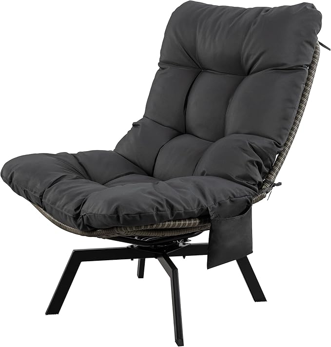 Vongrasig Swivel Wicker Chair PE Rattan Chair with Cushion, Oversized Patio Lounge Chair for Outdoor, Indoor, Balcony, Backyard, Garden, Living Room, Black Rattan