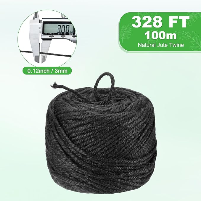 1-Pack Natural Jute Twine String, 3mm x 328ft/100m Long Garden Twine Balls for Crafts/Gift Wrapping/Gardening Plants, Durable Plant Ties Thick Rope [Black]