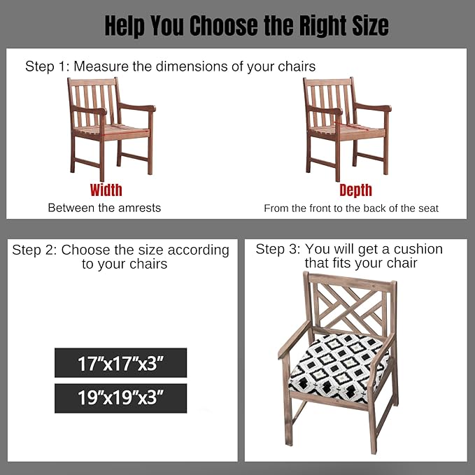 idee-home Outdoor Chair Cushions Set of 2, Thick 17" x 17" x 3" Outdoor Seat Cushions Patio Furniture Waterproof with Ties, Dining Pads